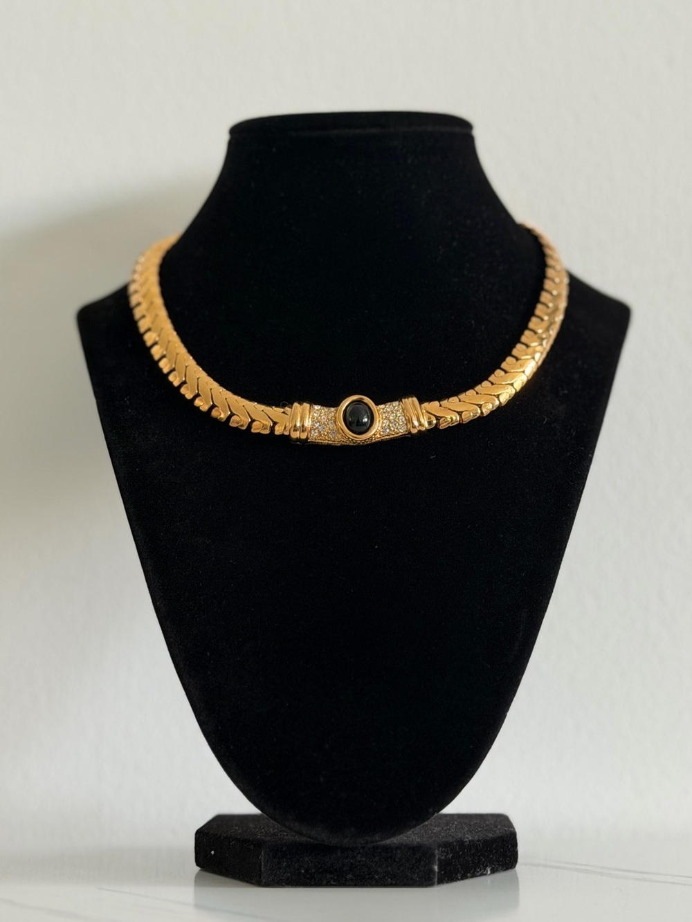 Gold-Tone Choker Necklace with Black Stone Center